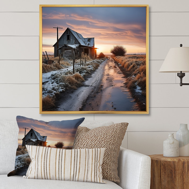 Barns Winter Scenery sur toile, Cadre flottant doré, H 30 po x l 30 po x P 1 po