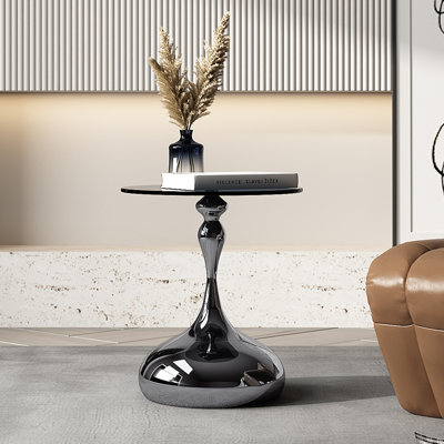 10mm Gray Tempered Glass Side Table with Marble-Finish Base & Nano-Coated Pole - Weighted Accent Table for Living Room, Bedroom, Balcony