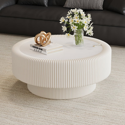 Table basse cannelée ronde avec plateau de rangement en verre trempé et plateau en cuir de qualité supérieure avec rangement caché pour le salon