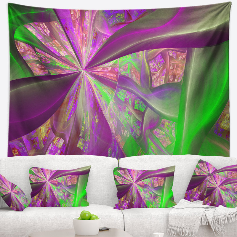 Tapisserie abstraite à courbes fractales vert-rose, H 32 po x l 39 po