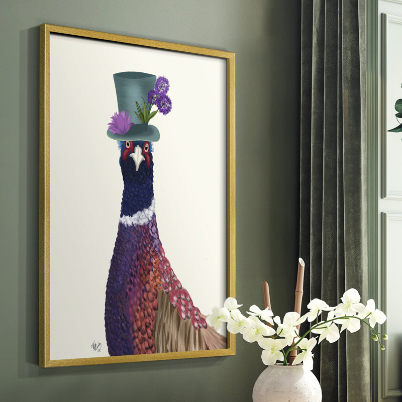 Pheasant in Blue Hat Framed Print - Solid Wood, Gold Single Picture Framed, 10" H x 8" W