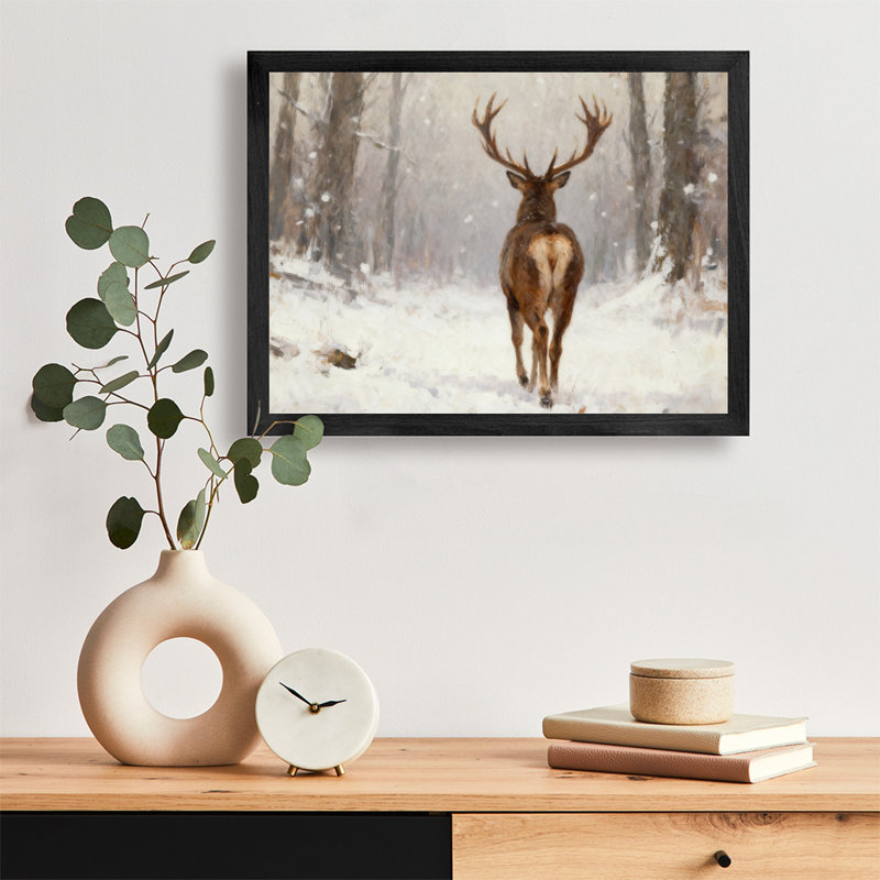 «Black Bucks in the Snow», reproduction d'art encadrée noire, H 13 po x l 17 po