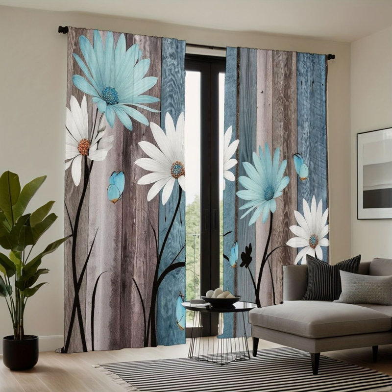 2Pcs Daisy Butterfly Curtains, Blue Wood Grain Background, Rod Pocket Light Filtering, Natural Floral Style, All-Season For Living Room Bedroom Window Decor