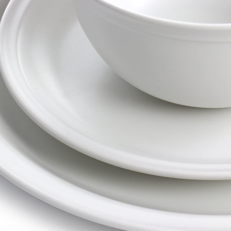Service de table rond 12 pièces en grès gris chaud, Blanc