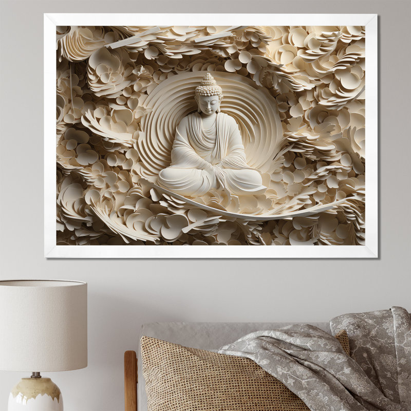 Simple bouddhisme Statue I - art mural bouddhisme pour le salon, Impression encadrée, H 16 po x l 32 po, Blanc