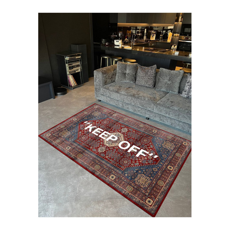 Tapis rouge texturé «Keep Off» rouge à motif de tapis iranien, Tapis de couloir 3 pi 3,37 po x 9 pi 10,11 po