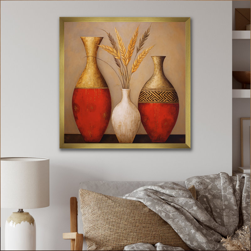 " Still Life Red Gold Vase With Wheat Flowers I ", Gold Single Picture Framed, 30" H x 30" W x 1" D