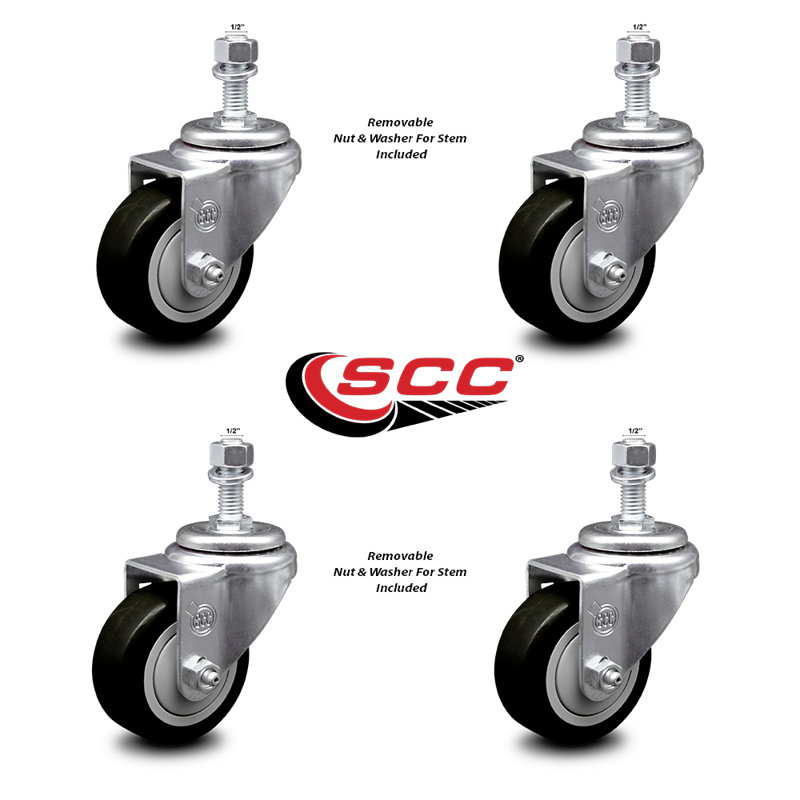 3.5 Inch_ Polyurethane Wheel Swivel ½ Inch Threaded Stem Caster Set SCC