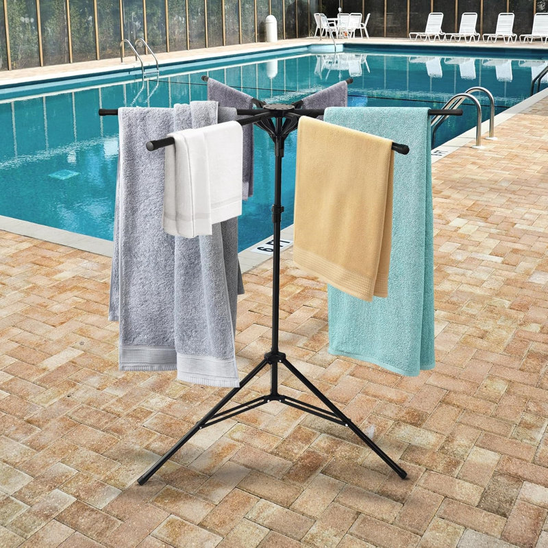 Porte-serviettes de piscine autoportant pour l'extérieur, avec 6 accoudoirs pliables, réglable, noir