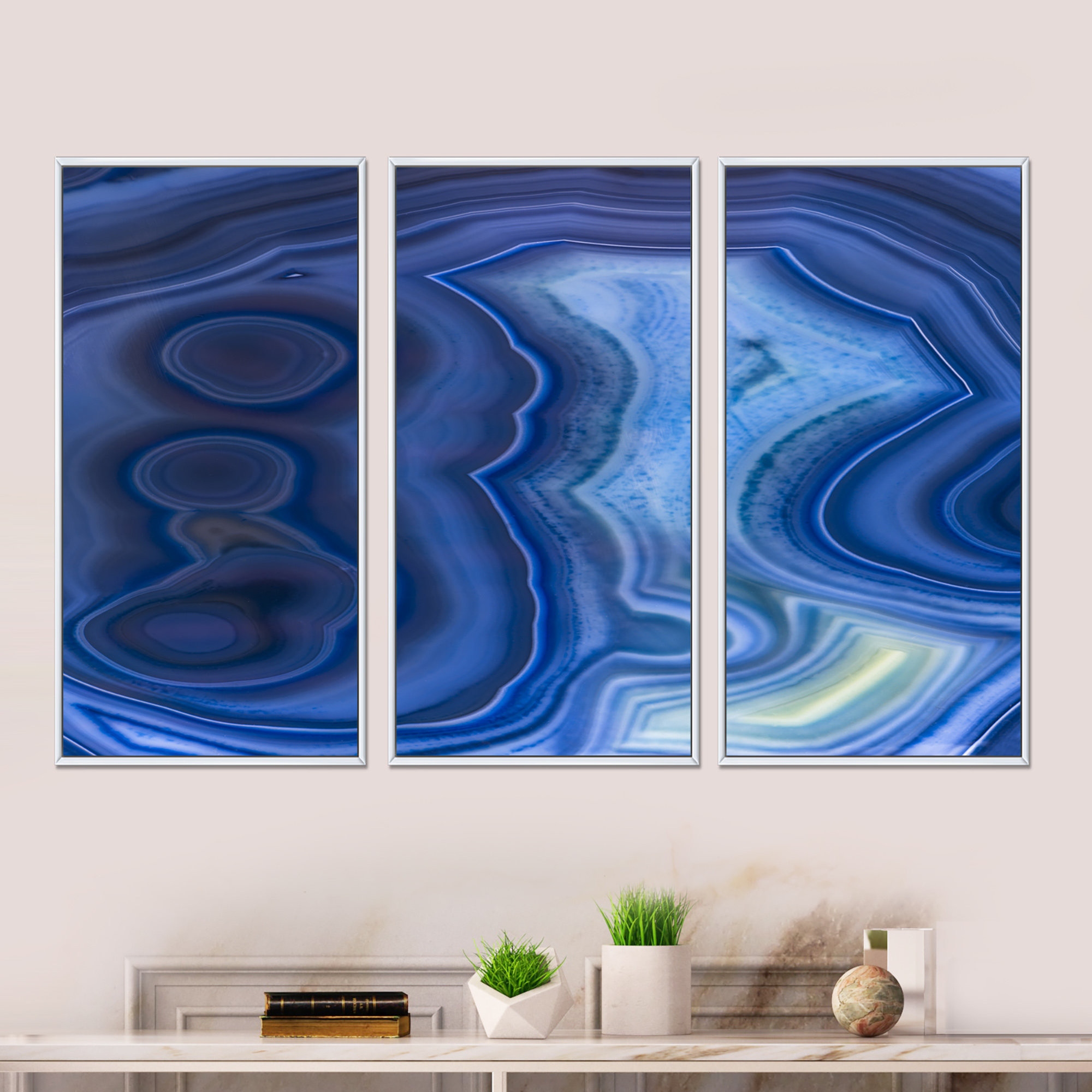 Blue Agate Stone Design - 3 Piece Floater Frame Painting on Canvas Wrought Studio