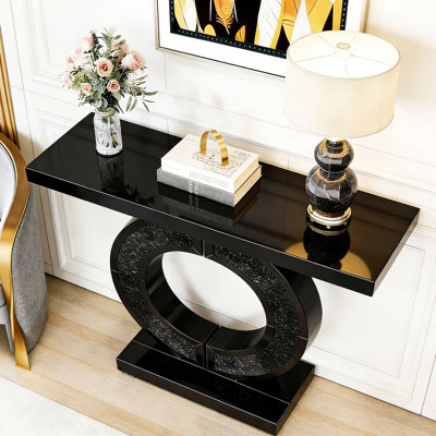 Table console décorative en forme de O, en verre miroir noir et argenté, bords biseautés polis à la main, largeur de l'emballage : 45,5 cm (17,91 po), plateau carré en verre, poids : 16,9 kg (37,24 lb).