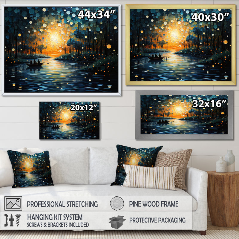 " Pointillism River At Sunrise ", 24" H x 32" W x 1" D, Gold Floater Framed