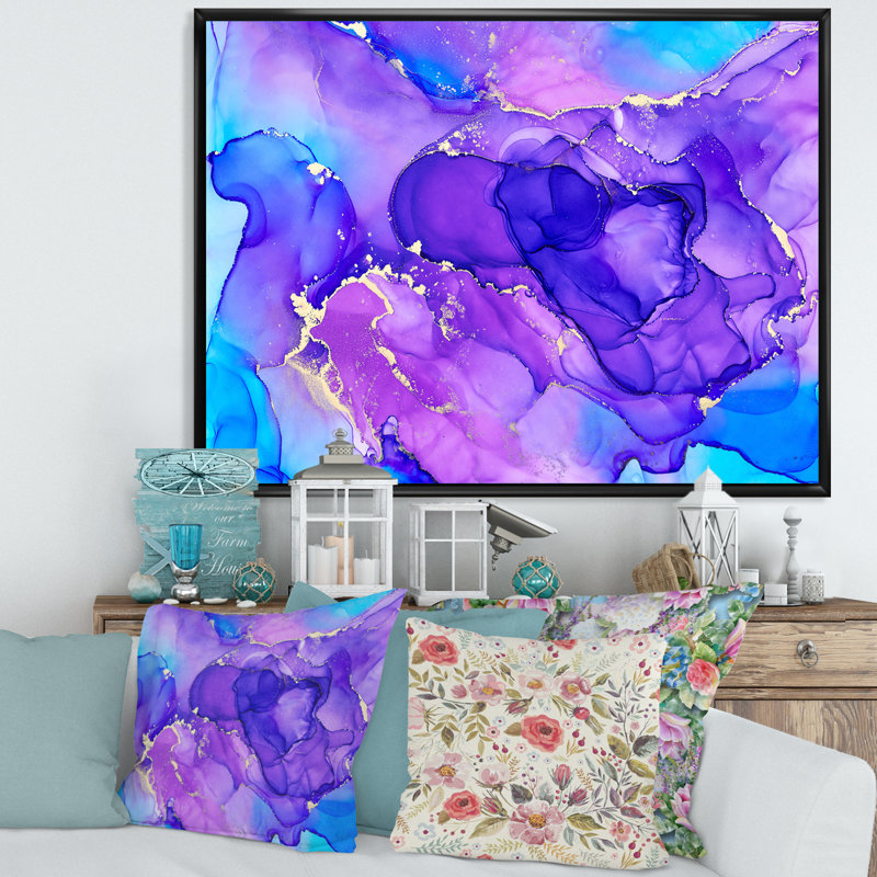 «Blue and Purple Luxury Abstract Fluid Art», reproduction sur toile, H 24 po x l 32 po, Cadre flottant noir