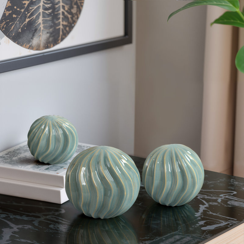 Set Of 3 Ceramic Orbs With Wavy Design – Modern Decorative Accents For Home & Office