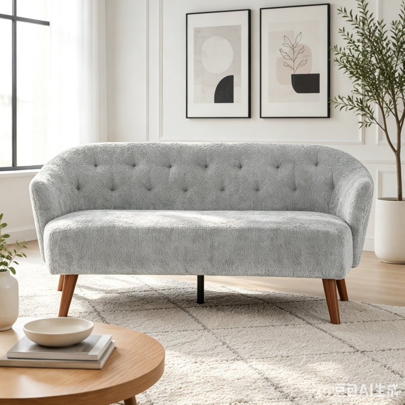 Canapé Mid-Century 3 places avec dossier capitonné et tissu moelleux, Tissu gris pâle
