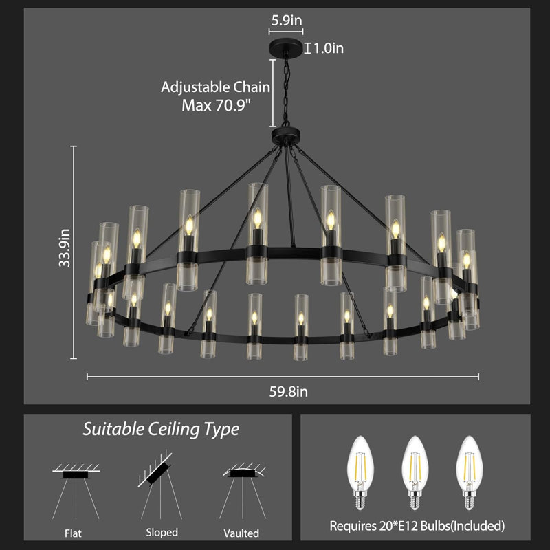 Luminaire suspendu rond à 20 lumières de 60 po à large roulette pour salon, Noir mat