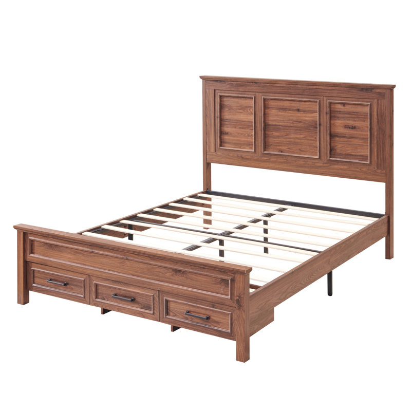 Farmhouse Platform Bedframe, Wood Bed Frame With 52" Tall Headboard, Brown, Queen