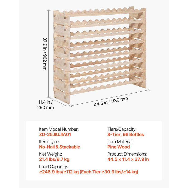 96 Bottle Stackable Modular Wine Rack, 37.9" H x 44.5" W x 11.4" D