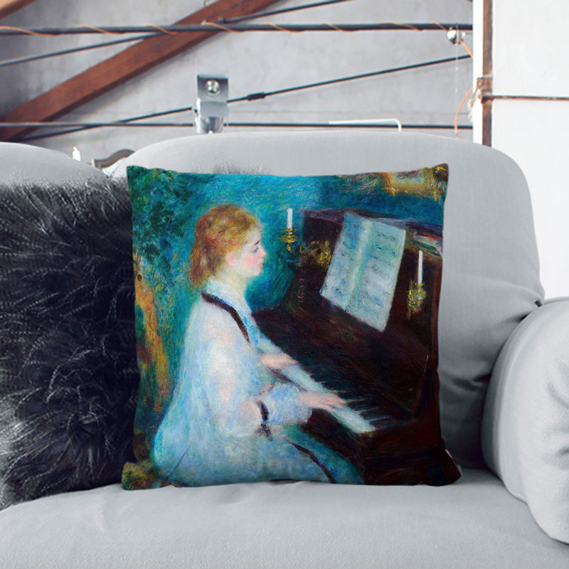 Woman At The Piano Square Throw Cushion, 40cm H x 40cm W x 15cm D, White