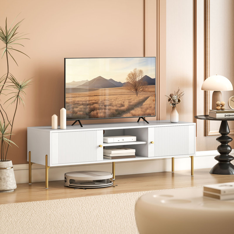 Meuble télé pour téléviseur de 65 po ou moins, console avec rangement, blanc, Blanc