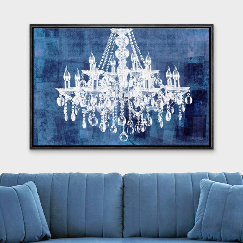 Lustre blanc sur fond bleu marine, lumières décoratives, art moderne sur toile, Cadre flottant noir