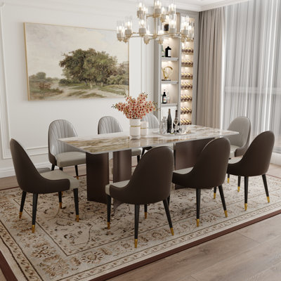 Ensemble de table de salle à manger 9 pièces en pierre frittée moderne avec 8 chaises en similicuir, base en U à double finition