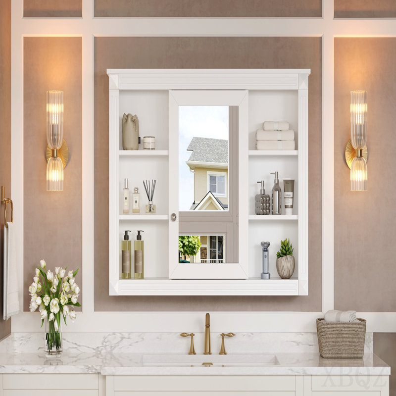 Armoire de rangement murale de 42 po, armoire à pharmacie, armoire de salle de bain moderne avec miroir, armoire à miroir avec 6 tablettes ouvertes (ne pas inclure le meuble-lavabo)