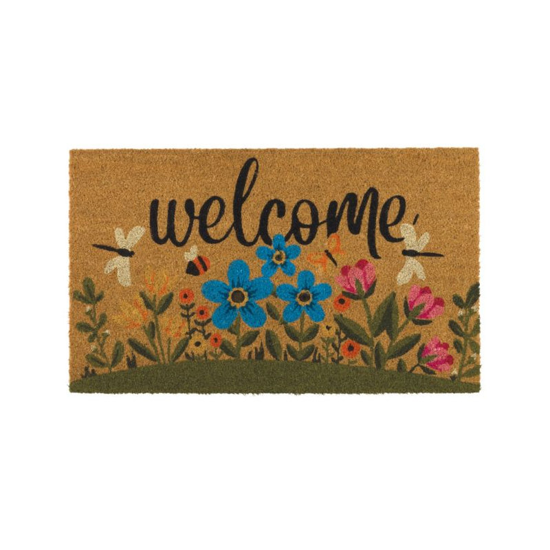 30x18 Natural Coir Fiber and PVC Non Slip Outdoor Doormat with Weather Resistant Textured Surface and Heavy Duty Backing - Flowers