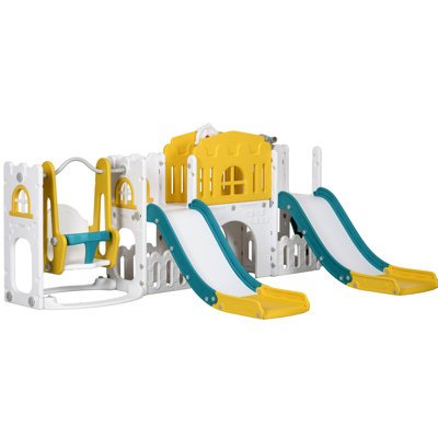 Qaba 8 In 1 Toddler Slide And Swing Set With 2 Slides, Baby Slide For Ages 1-3 With Basketball Hoop, Climber, Aisle, Steering Wheel, Storage Space, Telescope, Indoor Playground
