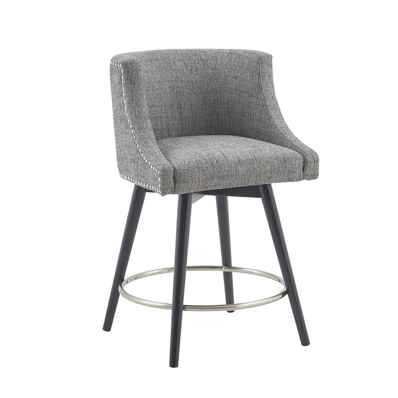 Tabouret de comptoir pivotant gris avec finition en bois - rotation à 360 °, rembourré, pieds solides, anneau de repose-pieds en métal argenté