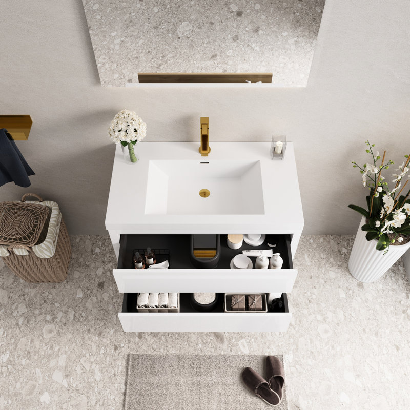 Meuble-lavabo pour salle de bain, comptoir en résine de pierre, fermeture en douceur, lavabo de salle de bain blanc brillant, blanc, tiroirs spacieux, fabrication