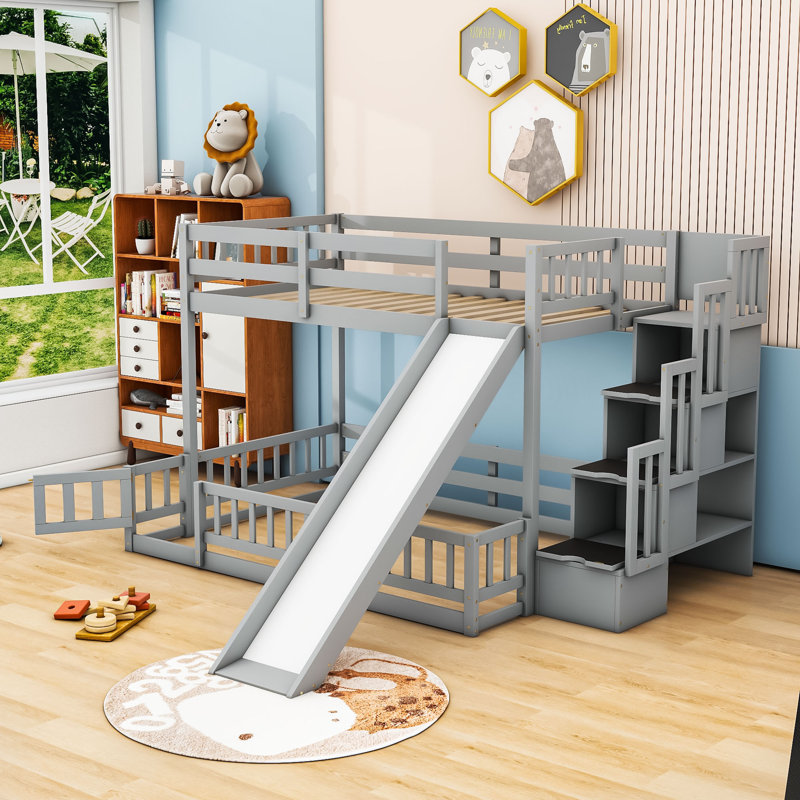 Kalief Twin Over Full Bunk Bed With Slide, Storage Stairs, Safety Rails, Gray
