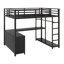 Lit mezzanine en métal avec cubes de rangement et tablettes, garde-robe et bureau en L