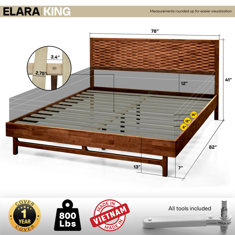 Elara Solid Wood King Walnut Platform Bed Frame with Sculpted Spearhead Headboard – Mid-Century Modern Style, 800 lbs Capacity, No Box Spring Needed, Bedroom Furniture