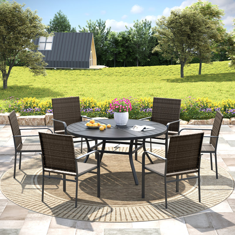 6-Person Patio Dining Set with 50" Round Dining Table and 6 Rattan Solid Wood Armrest Chairs, Black/Black