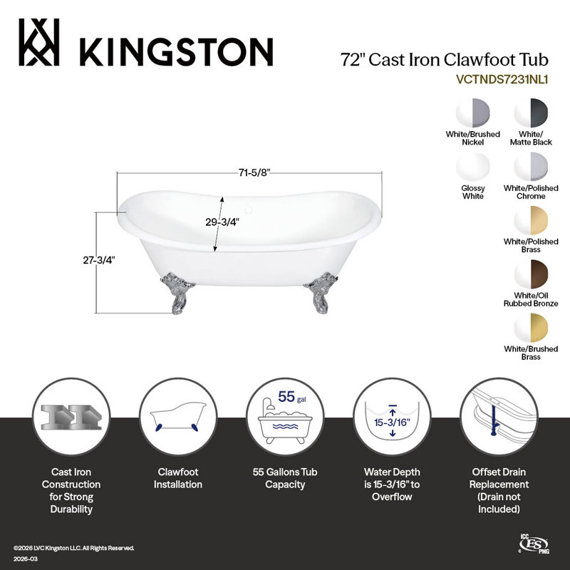Kingston Brass Aqua Eden 72-Inch Cast Iron Oval Double Slipper Clawfoot Tub (No Faucet Drillings), White/Oil Rubbed Bronze