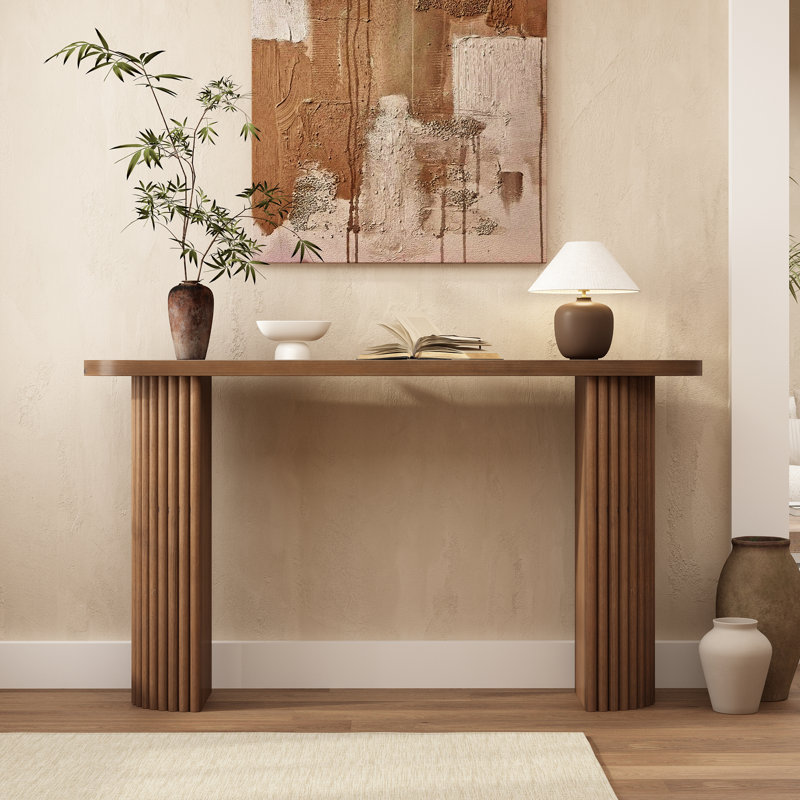 Gennari Fluted Wood Console Table with Oval Tabletop, Brown, 31" H x 55" W x 11.7" D