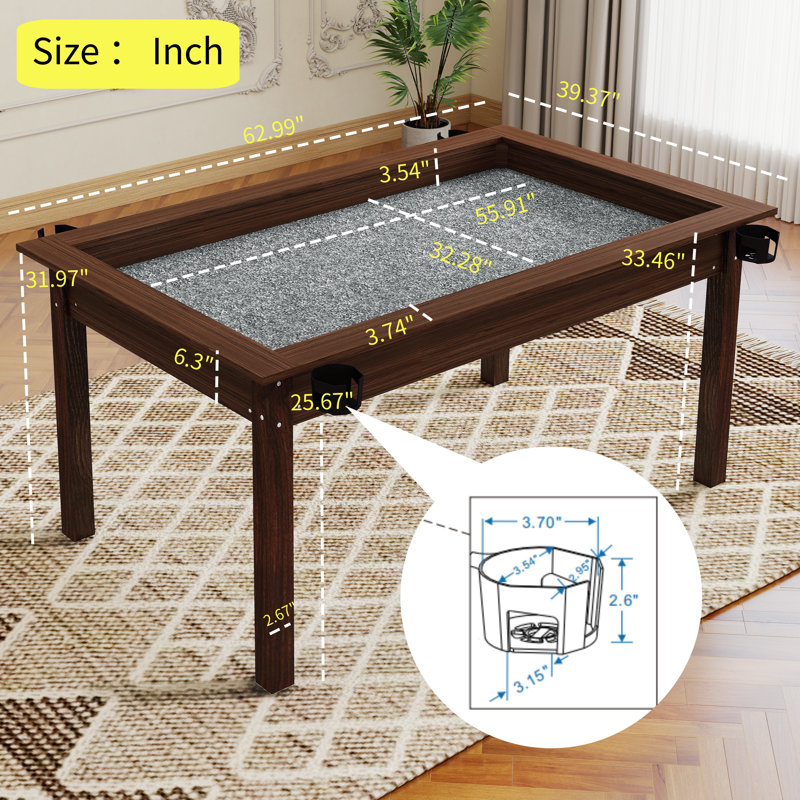 Table de jeu 63 po x 40 po avec plateau amovible pour 4 à 6 joueurs, table de salle à manger solide avec porte-gobelets