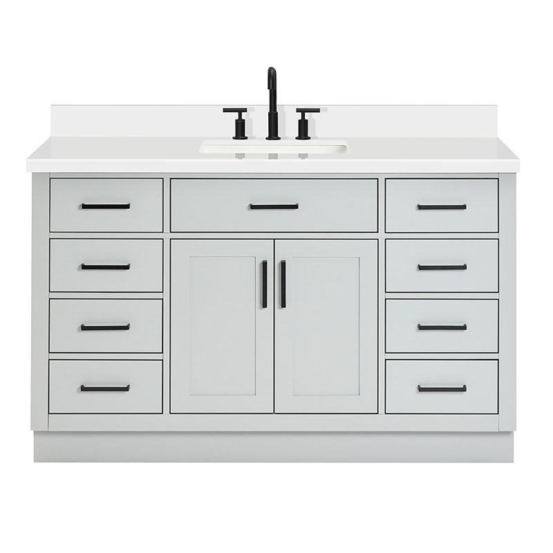 Thornaby 54'' Solid Wood Single Bathroom Vanity with 1.5'' White Quartz Top Sink, Gray / Matte Black, Rectangular
