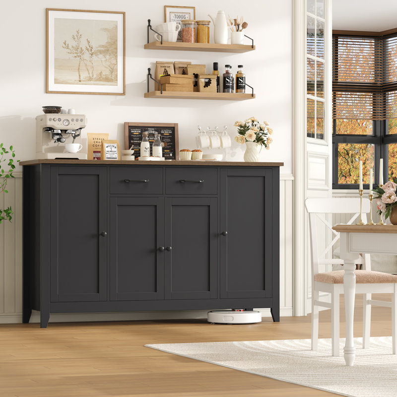 Buffet décoratif 4 portes avec 2 tiroirs, tablettes réglables, Noir