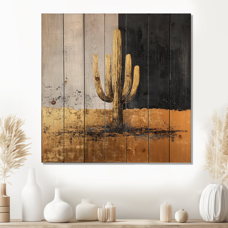 Cactus Abstract Shapes Pure Form I - Floral Cactus Wood Wall Art - On Natural Pine Wood, 15" H x 15" W x 0.78" D
