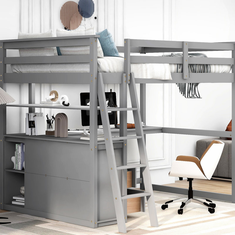 Lit mezzanine double gris avec système de bureau et d'étagère - Tablettes à deux tiroirs en bois de pin, splendeur pour une chambre luxueuse