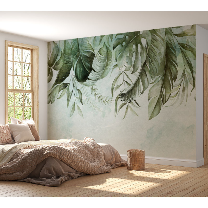 Papier peint botanique - histoire de la jungle verte, L 124 po x l 177 po