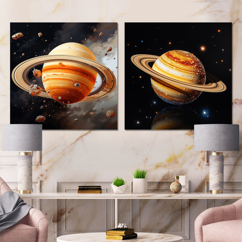 Ensemble de 2 planètes murales en métal Planète saturne cosmique I - Planètes, H 16 po x l 32 po