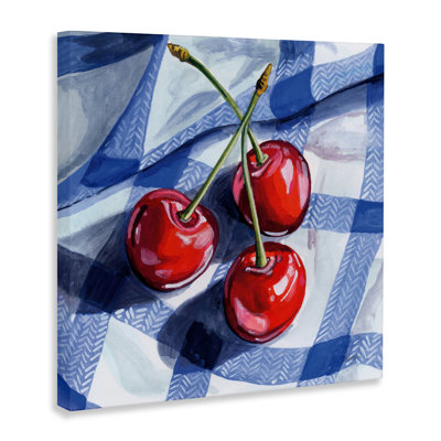 Three Picnic Cherries on Gingham Canvas, design by Kate Jarvik Birch
