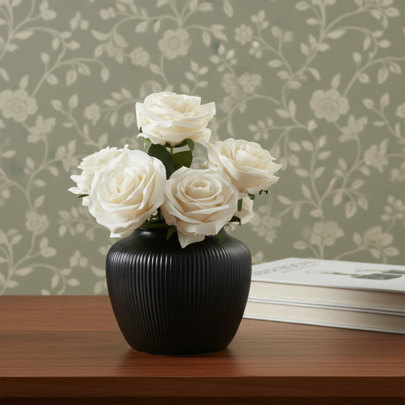 2-Piece 5-Inch Black Textured Striped Round Ceramic Vases