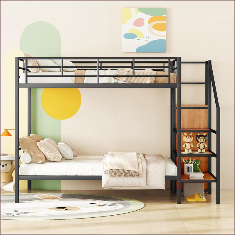 Lit superposé double au-dessus de double avec échelle de rangement latérale Garde-robe - Design noir pour économiser de l'espace