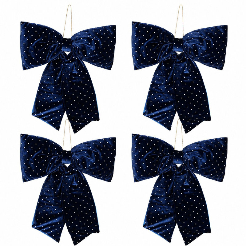 Set of 4 Regal Tidings Velvet Bows With Crystals Navy