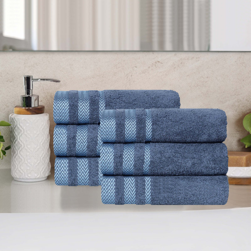 Blasdell Cotton Solid Dobby Border Plush Soft Absorbent Medium Weight Hand Towel, Navy Blue