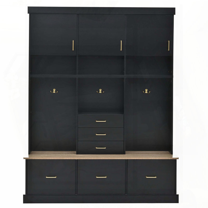 5-in-1 Hall Tree with 6 Drawers, 3 Cabinets, and 3-Tier Top Storage (Black), Black